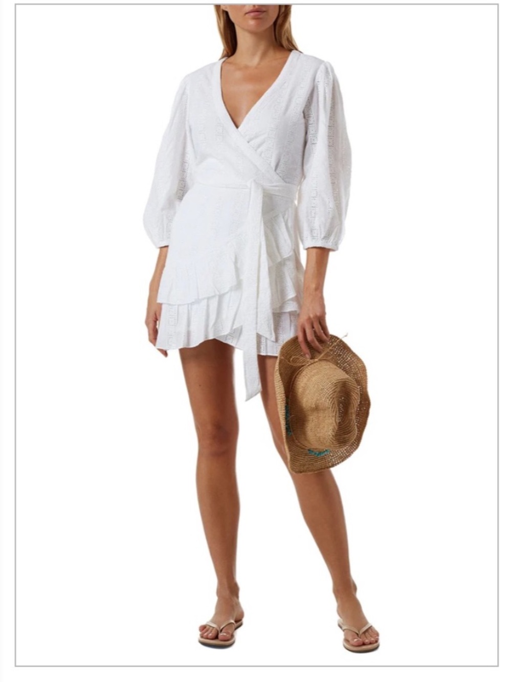 Melissa Odabash Aliyah White Eyelet Wrap Tunic with Puff Sleeves M
